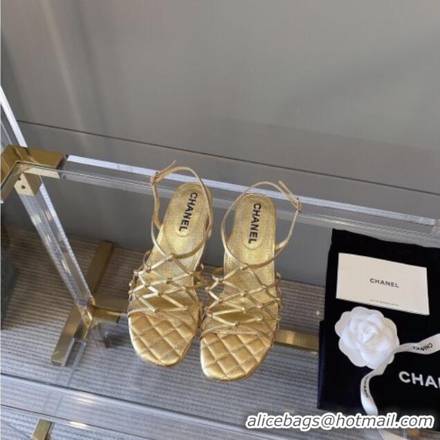 Duplicate Chanel Laminated Lambskin Mesh Sandals G36876 Gold 2021