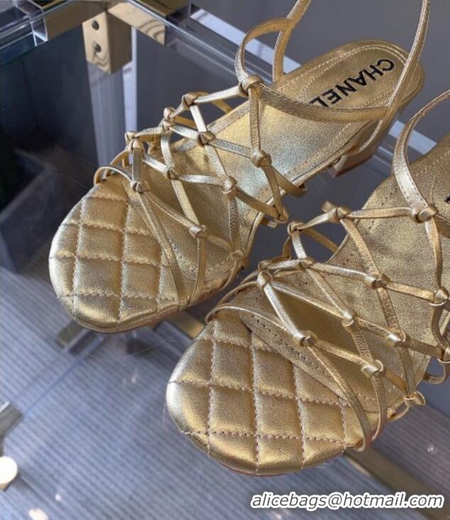 Duplicate Chanel Laminated Lambskin Mesh Sandals G36876 Gold 2021