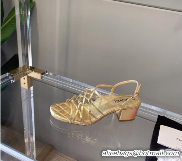 Duplicate Chanel Laminated Lambskin Mesh Sandals G36876 Gold 2021