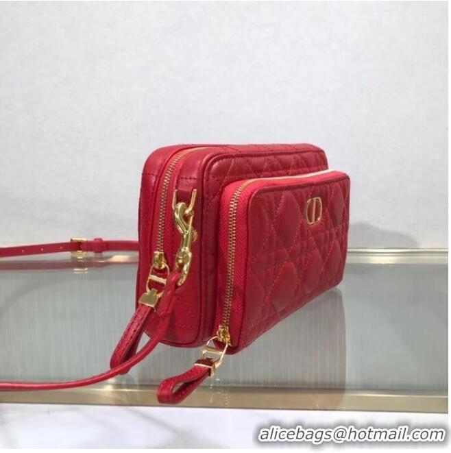 Top Quality DIOR CARO DOUBLE POUCH Supple Cannage Calfskin S5037U Red