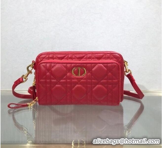 Top Quality DIOR CARO DOUBLE POUCH Supple Cannage Calfskin S5037U Red