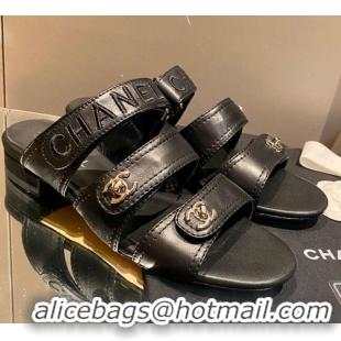 Discount Chanel Lambskin Embroidered Strap Flat Sandals 042956 Black 2021