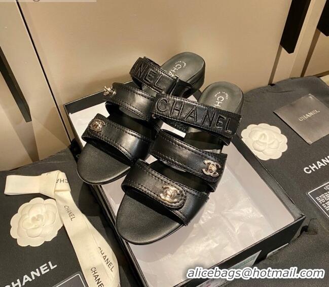 Discount Chanel Lambskin Embroidered Strap Flat Sandals 042956 Black 2021