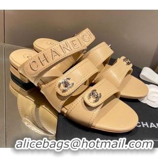 Low Cost Chanel Lambskin Embroidered Strap Flat Sandals 042956 Apricot 2021