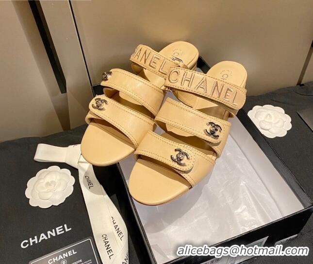 Low Cost Chanel Lambskin Embroidered Strap Flat Sandals 042956 Apricot 2021