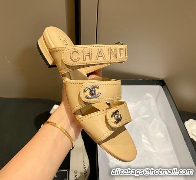 Low Cost Chanel Lambskin Embroidered Strap Flat Sandals 042956 Apricot 2021