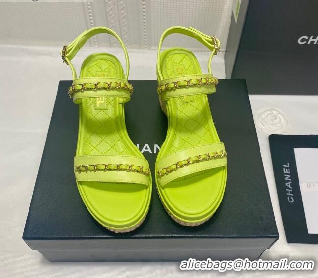 Low Cost Chanel Calfskin Chain Wedge Sandals 042959 KIwi Green 2021