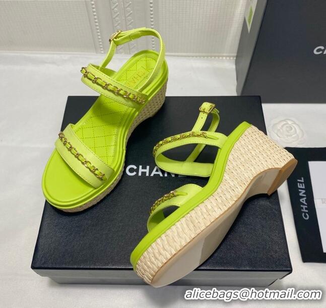 Low Cost Chanel Calfskin Chain Wedge Sandals 042959 KIwi Green 2021