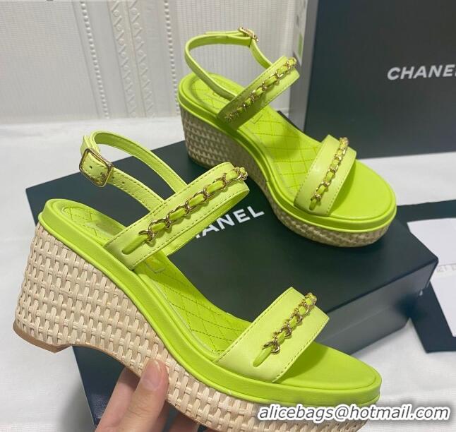 Low Cost Chanel Calfskin Chain Wedge Sandals 042959 KIwi Green 2021