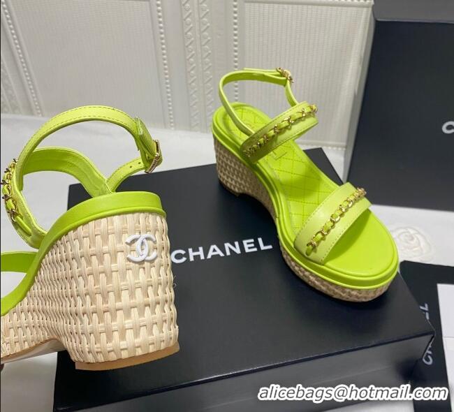 Low Cost Chanel Calfskin Chain Wedge Sandals 042959 KIwi Green 2021