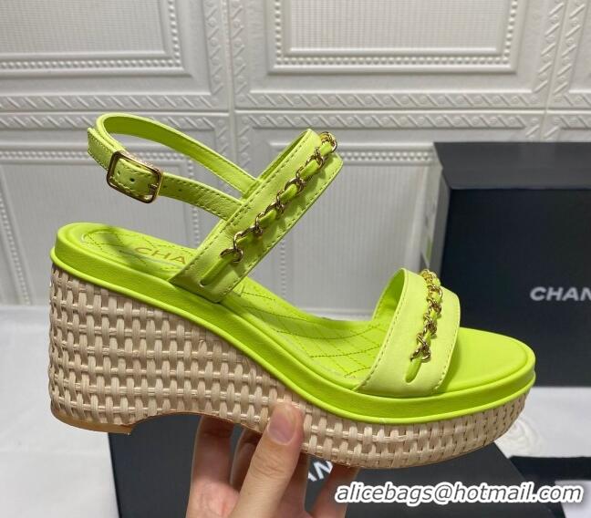 Low Cost Chanel Calfskin Chain Wedge Sandals 042959 KIwi Green 2021