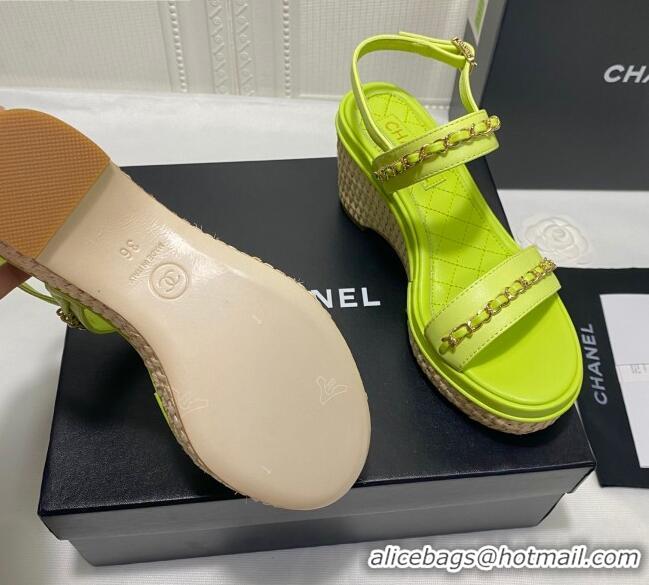 Low Cost Chanel Calfskin Chain Wedge Sandals 042959 KIwi Green 2021