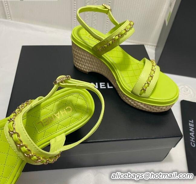 Low Cost Chanel Calfskin Chain Wedge Sandals 042959 KIwi Green 2021