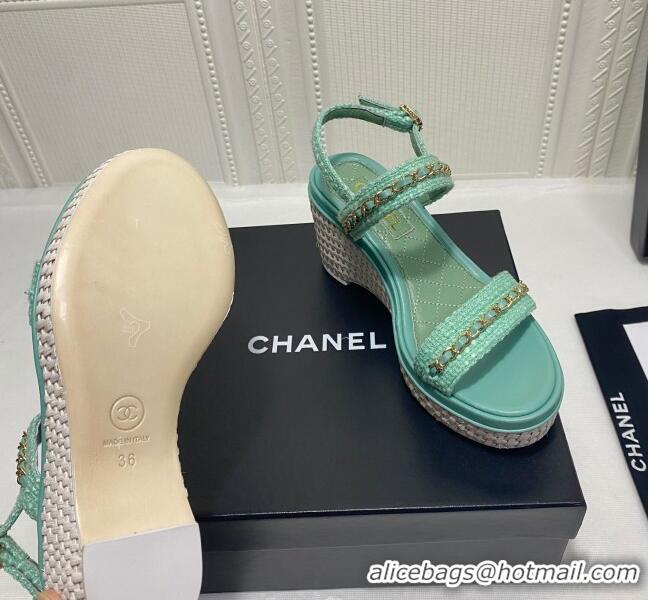 Super Quality Chanel Calfskin Chain Wedge Sandals 042960 Light Green 2021