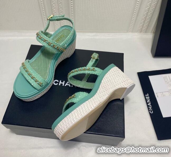 Super Quality Chanel Calfskin Chain Wedge Sandals 042960 Light Green 2021