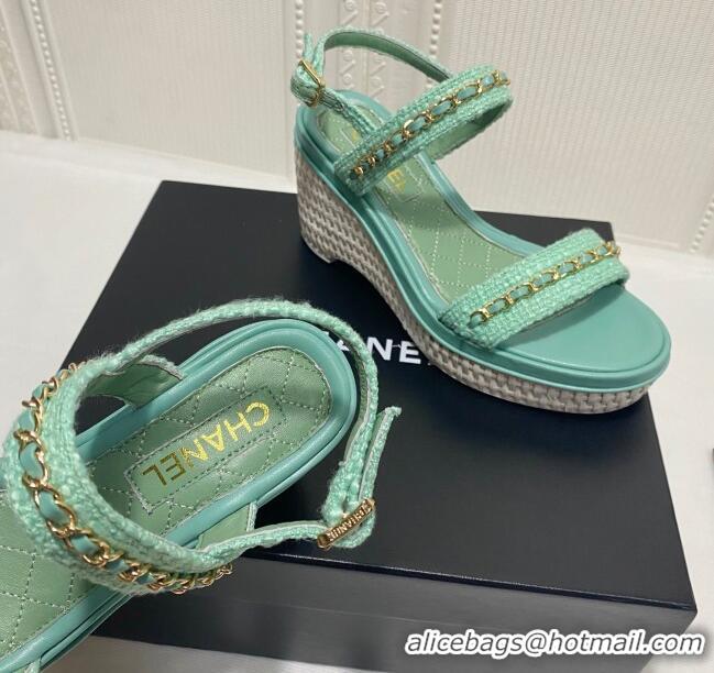 Super Quality Chanel Calfskin Chain Wedge Sandals 042960 Light Green 2021