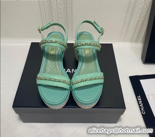 Super Quality Chanel Calfskin Chain Wedge Sandals 042960 Light Green 2021