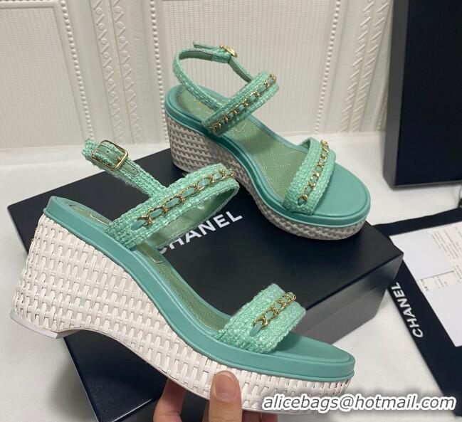 Super Quality Chanel Calfskin Chain Wedge Sandals 042960 Light Green 2021