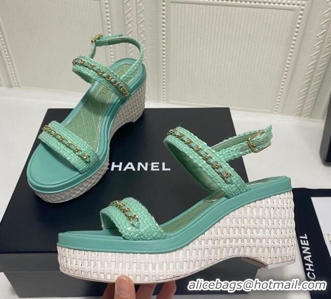 Super Quality Chanel Calfskin Chain Wedge Sandals 042960 Light Green 2021