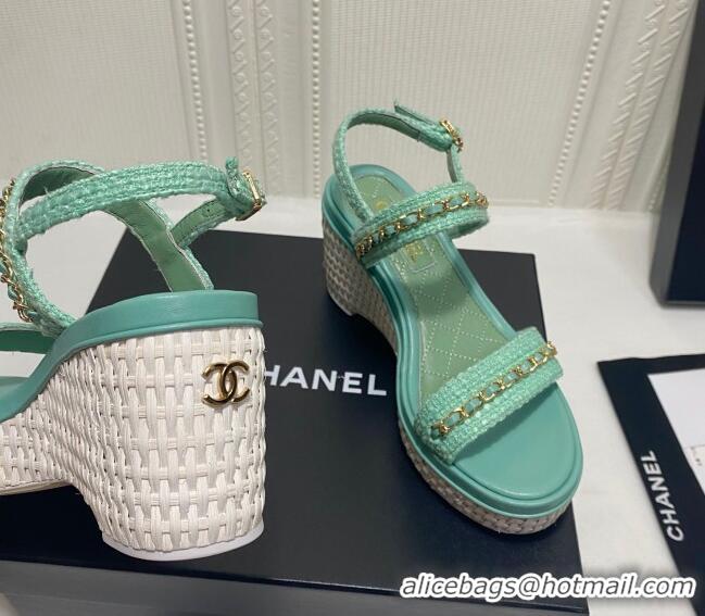 Super Quality Chanel Calfskin Chain Wedge Sandals 042960 Light Green 2021