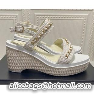 Best Price Chanel Tweed Chain Wedge Sandals 042963 White 2021