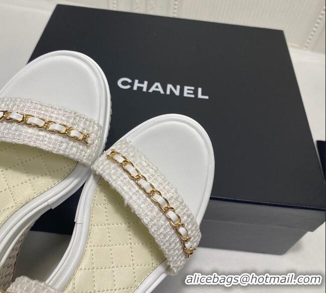 Best Price Chanel Tweed Chain Wedge Sandals 042963 White 2021