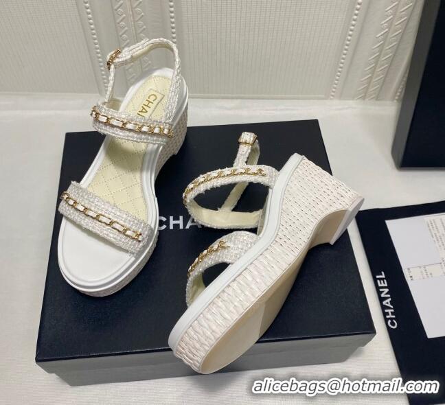 Best Price Chanel Tweed Chain Wedge Sandals 042963 White 2021