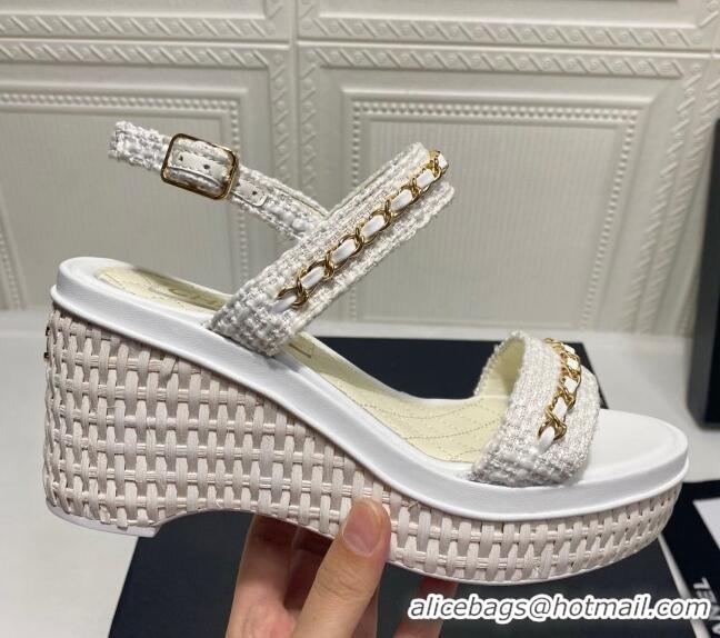 Best Price Chanel Tweed Chain Wedge Sandals 042963 White 2021