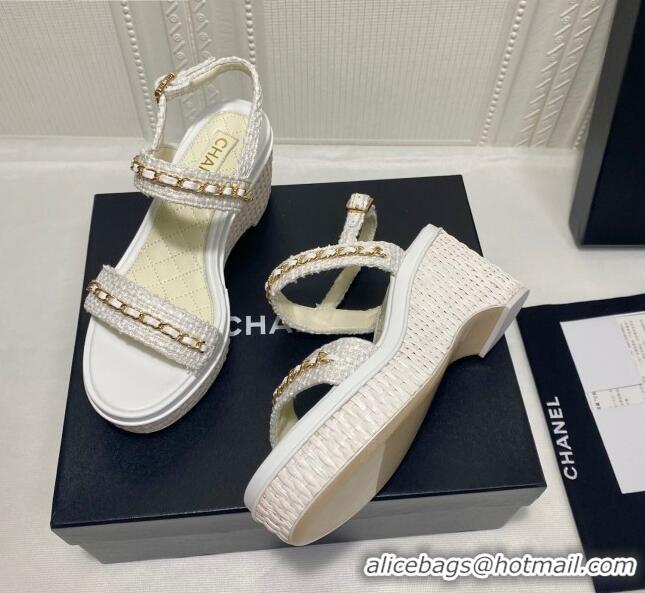 Best Price Chanel Tweed Chain Wedge Sandals 042963 White 2021