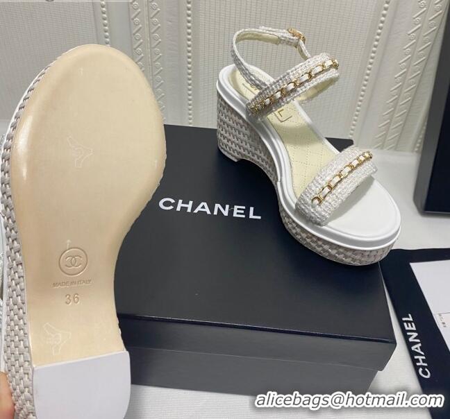 Best Price Chanel Tweed Chain Wedge Sandals 042963 White 2021