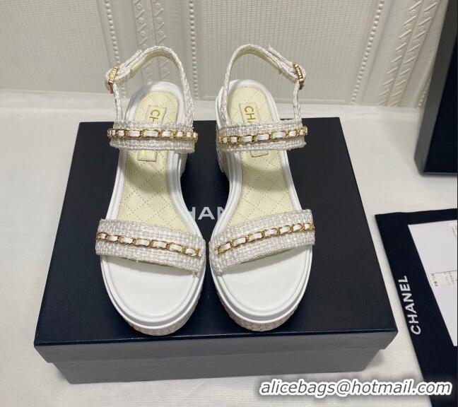 Best Price Chanel Tweed Chain Wedge Sandals 042963 White 2021