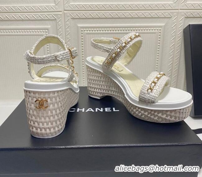 Best Price Chanel Tweed Chain Wedge Sandals 042963 White 2021