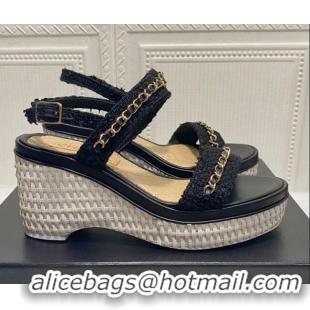 Free Chanel Tweed Chain Wedge Sandals 042963 Black 2021