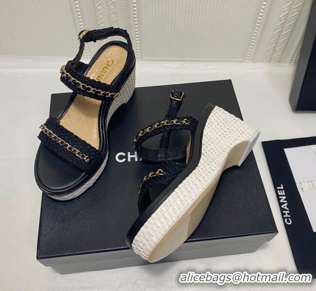 Free Chanel Tweed Chain Wedge Sandals 042963 Black 2021