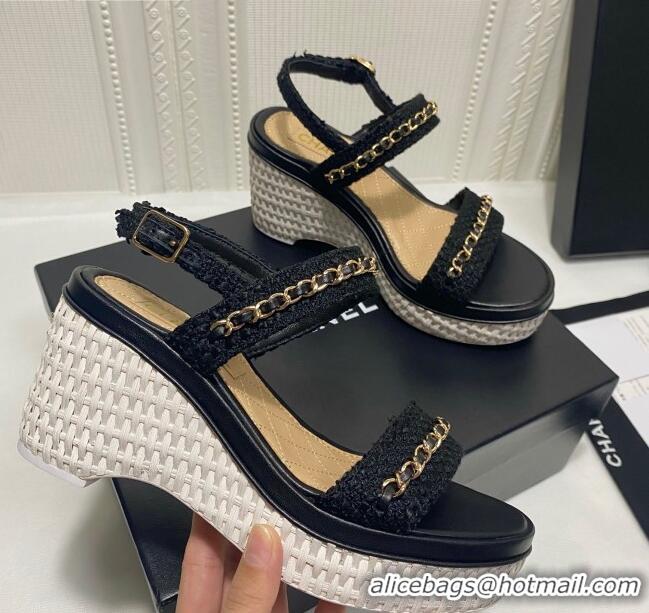 Free Chanel Tweed Chain Wedge Sandals 042963 Black 2021