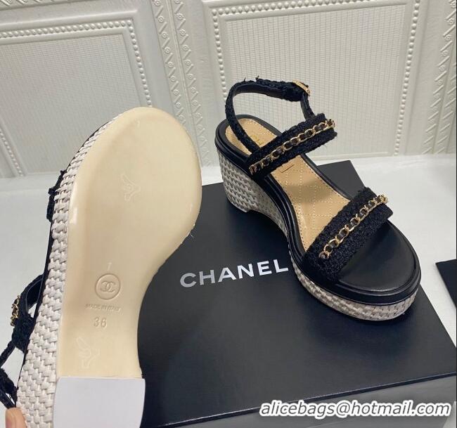 Free Chanel Tweed Chain Wedge Sandals 042963 Black 2021