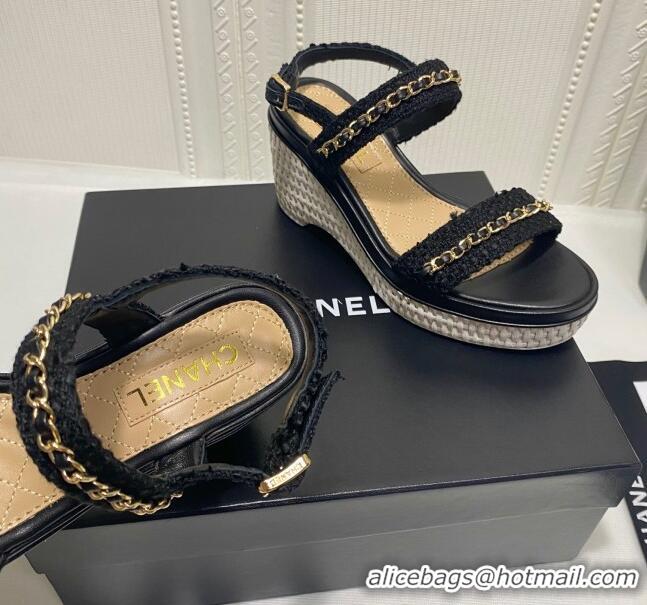 Free Chanel Tweed Chain Wedge Sandals 042963 Black 2021