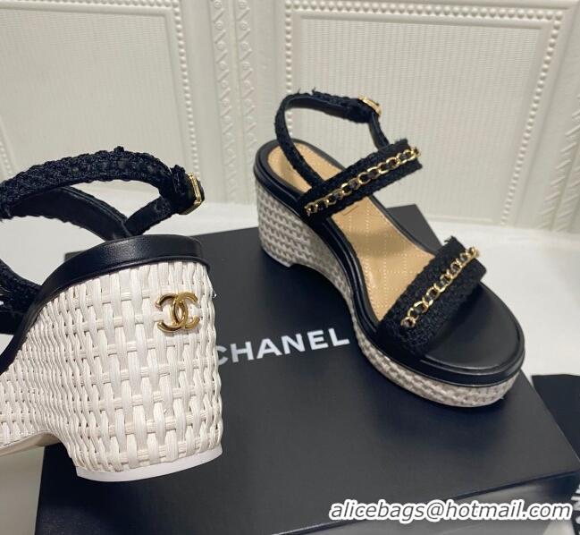 Free Chanel Tweed Chain Wedge Sandals 042963 Black 2021