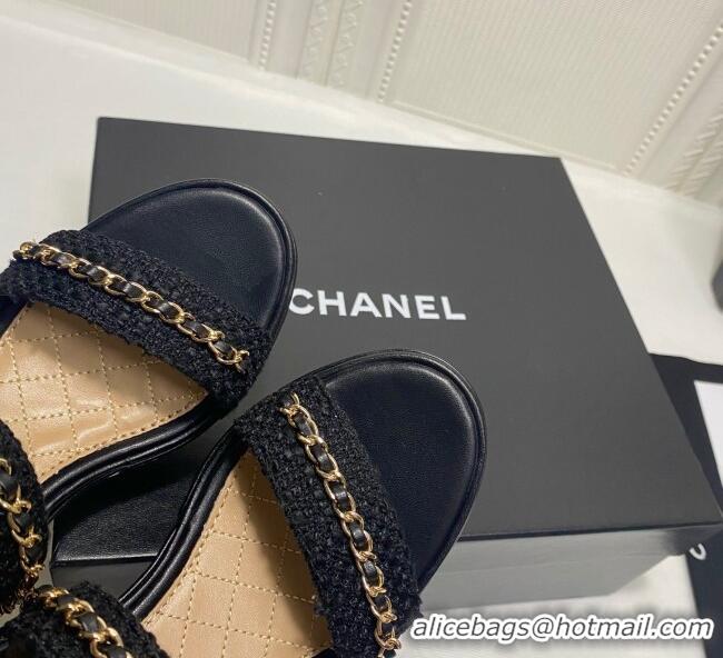 Free Chanel Tweed Chain Wedge Sandals 042963 Black 2021