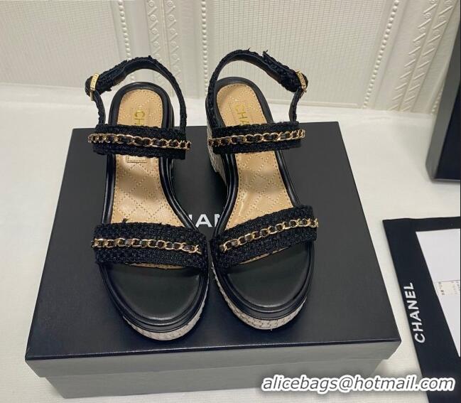 Free Chanel Tweed Chain Wedge Sandals 042963 Black 2021