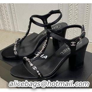 Low Price Chanel Pearl Star Chain Charm Silk Sandals 6cm 042965 Black 2021