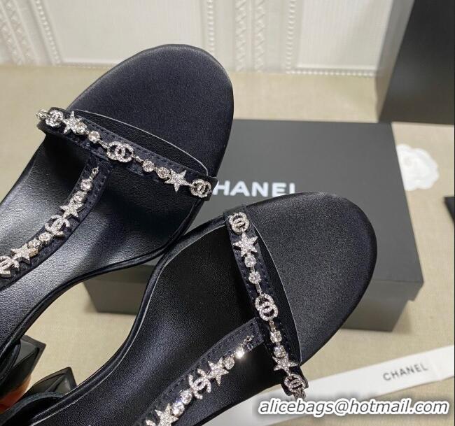 Low Price Chanel Pearl Star Chain Charm Silk Sandals 6cm 042965 Black 2021