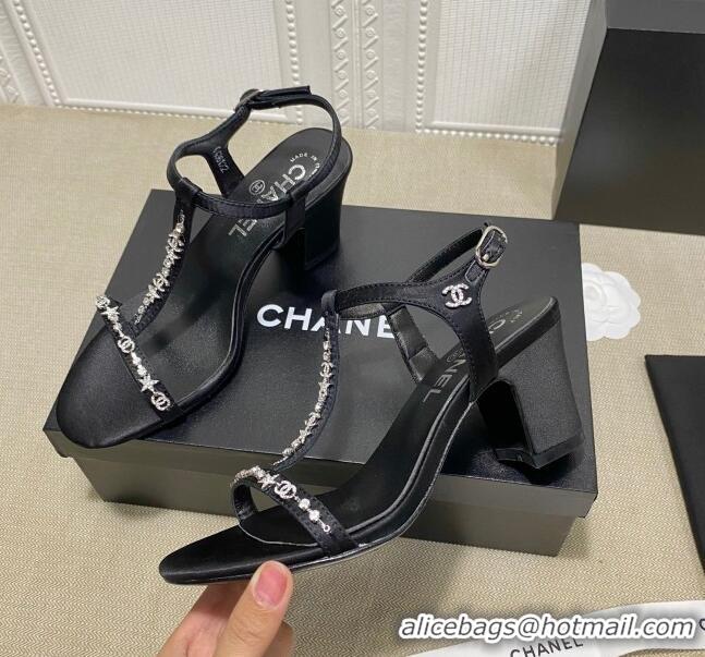 Low Price Chanel Pearl Star Chain Charm Silk Sandals 6cm 042965 Black 2021