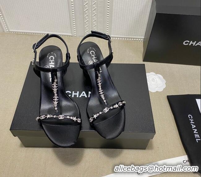 Low Price Chanel Pearl Star Chain Charm Silk Sandals 6cm 042965 Black 2021