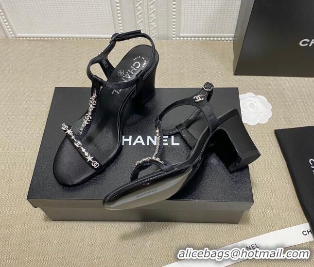 Low Price Chanel Pearl Star Chain Charm Silk Sandals 6cm 042965 Black 2021