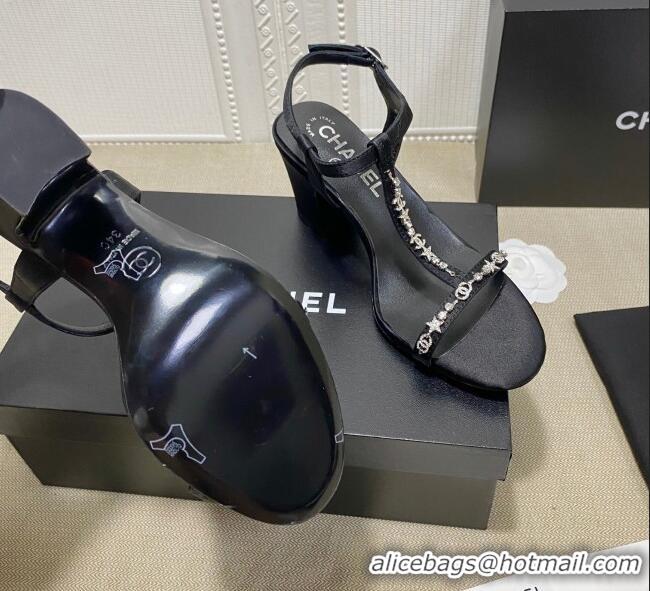 Low Price Chanel Pearl Star Chain Charm Silk Sandals 6cm 042965 Black 2021