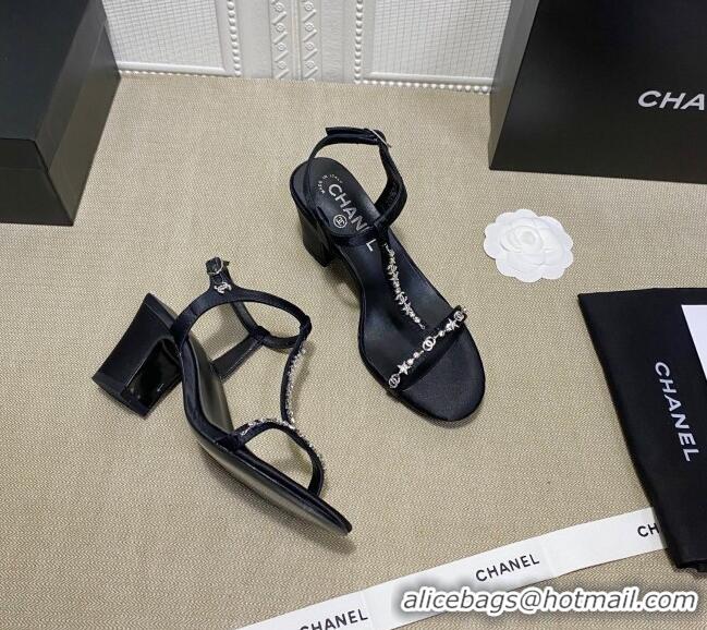 Low Price Chanel Pearl Star Chain Charm Silk Sandals 6cm 042965 Black 2021