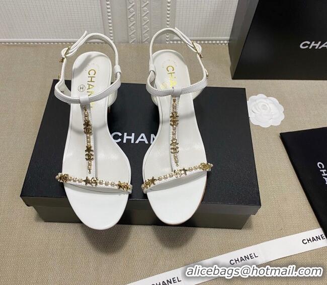 Best Luxury Chanel Pearl Star Chain Charm Silk Sandals 6cm 042965 White 2021