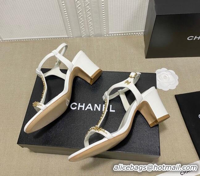 Best Luxury Chanel Pearl Star Chain Charm Silk Sandals 6cm 042965 White 2021