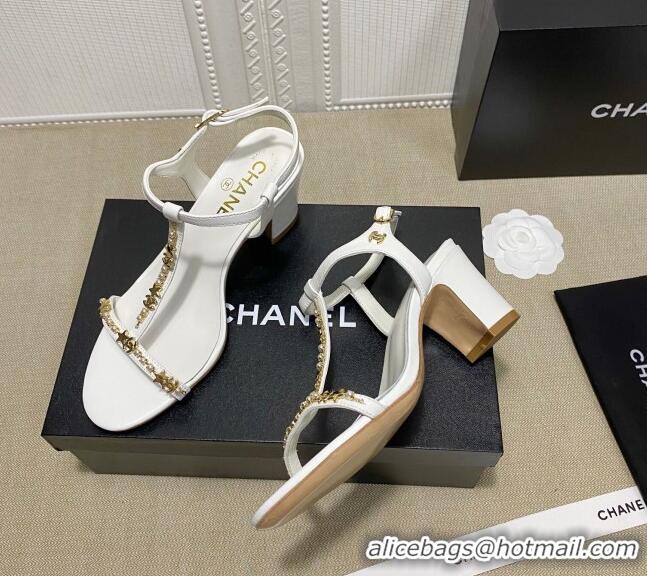 Best Luxury Chanel Pearl Star Chain Charm Silk Sandals 6cm 042965 White 2021